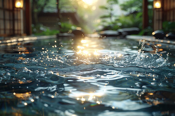 A tranquil spa ambiance blossom petals and a fluffy towel set against a serene water backdrop generative AI image