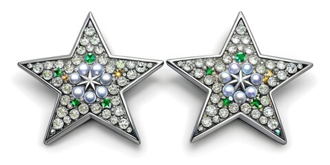Fototapeta premium Elegant silver star jewels sticker, beautifully isolated against a pristine white background, perfect for enhancing various creative design projects with a touch of sophistication.