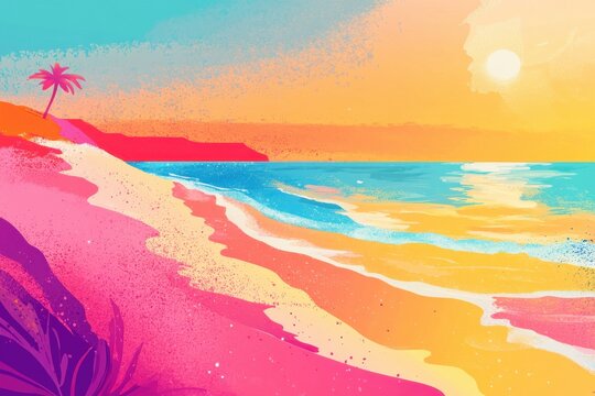 Summer fun theme development. Creative ocean and beach background. Seasonal marketing, social media layout. Summer themed vector artwork featuring vibrant shoreline in a minimal style