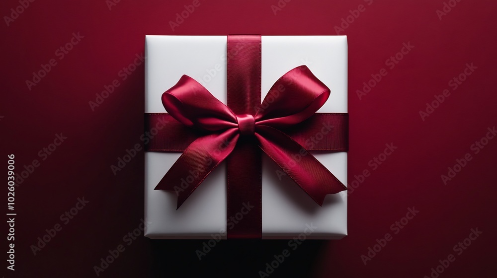 Poster elegant white gift box a red ribbon bow viewed from above set against a dark red background with sub