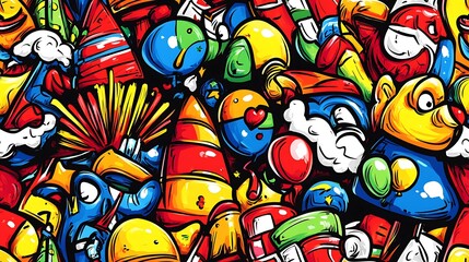 Obraz premium A vibrant festive doodle pattern filled with piñatas, maracas, confetti, and streamers, with party hats, balloons, and fireworks, set against a bright and cheerful backdrop, vivid colors, hd quality,