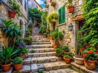 Fototapeta premium Elegant steps weave through mossy stone walls, decorated with colorful potted plants, forming a quaint Croatian scene infused with breathtaking charm and serenity.