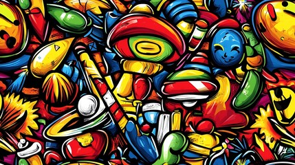 Obraz premium A vibrant festive doodle pattern filled with piñatas, maracas, confetti, and streamers, with party hats, balloons, and fireworks, set against a bright and cheerful backdrop, vivid colors, hd quality,