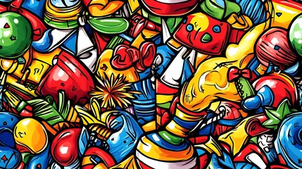 Obraz premium A vibrant festive doodle pattern filled with piñatas, maracas, confetti, and streamers, with party hats, balloons, and fireworks, set against a bright and cheerful backdrop, vivid colors, hd quality,