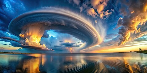 Elegant waterspouts dance in spirals over calm waters, creating a mesmerizing panorama that beautifully illustrates the harmony of nature&acirc;&euro;&trade;s artistry and power.