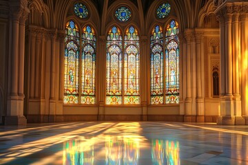 Illuminated stained glass windows casting colorful reflections.