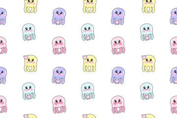 Seamless pattern with kawaii cute pastel colorful jellyfish