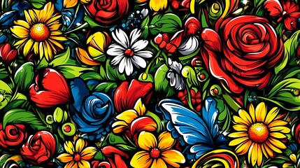 A vibrant floral doodle pattern filled with roses, sunflowers, and daisies, with swirling vines and tropical leaves in the background, surrounded by colorful butterflies, bright pastel tones,