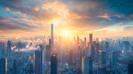 Fototapeta premium Stunning skyline at sunrise, with vibrant colors and clouds.