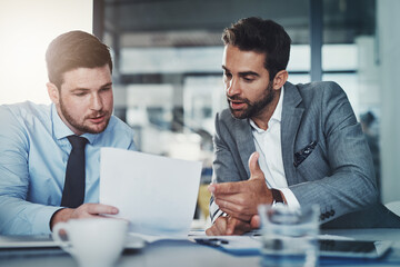 Business, men and meeting with paperwork in office for data analysis on company info and website traffic performance. Finance team, people and documents for kpi growth, sales profit and discussion