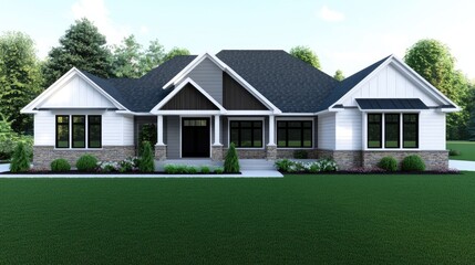 Obraz premium This beautifully designed modern farmhouse features an inviting front porch, stone accents, and a lush green lawn, creating a tranquil and appealing atmosphere