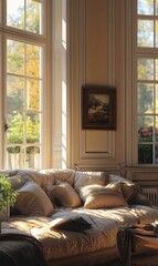 Sunny living room with couch, windows, and artwork.
