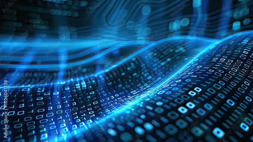 Poster a dynamic background depicting flowing data waves with fractal designs, symbolizing technology in mo