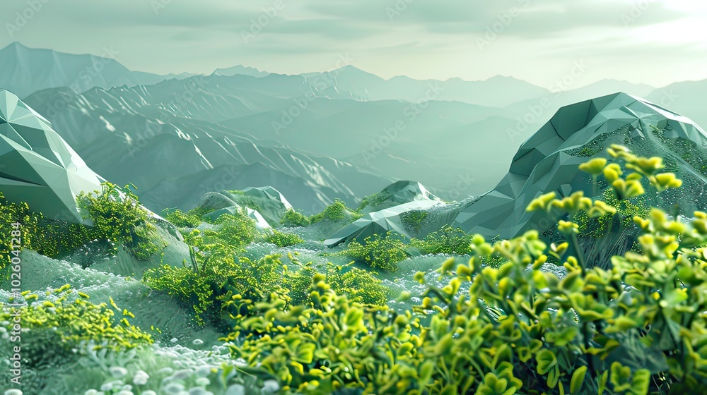 Poster a surreal 3d landscape made entirely of fractal shapes, merging nature with technology.