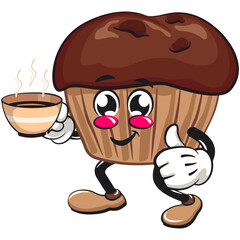 kawaii cartoon chocolate muffin with chocolate chip character mascot isolated vector illustration with a cup of coffee or tea while giving a thumbs up, work of hand drawn