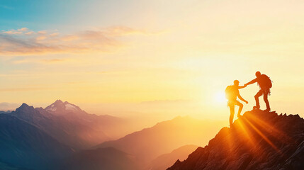 Silhouettes of Climbers Helping Each Other on Mountain Peak at Sunset