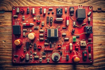 Fototapeta premium Vintage Style Electronic Printed Circuit Board in Red with Components - Top View Photography