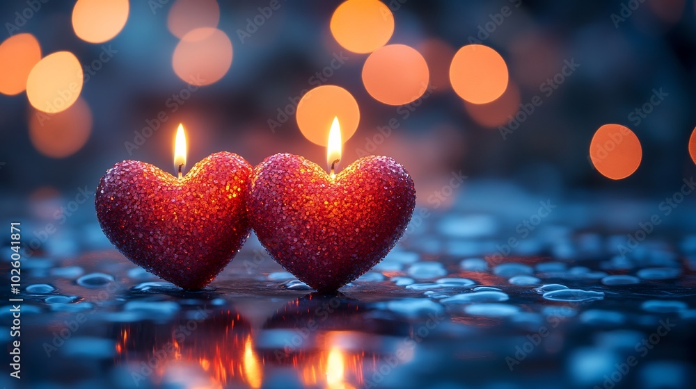 Poster heartshaped candles flicker gently against softly blurred backdrop with vibrant bokeh lights adding 