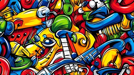 Obraz premium A vibrant music doodle pattern showcasing guitars, pianos, trumpets, and violins, with abstract sound waves, vinyl records, and microphones, set against a bright and dynamic background, vivid colors,