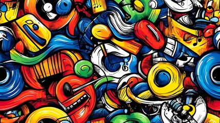 Obraz premium A vibrant music doodle pattern showcasing guitars, pianos, trumpets, and violins, with abstract sound waves, vinyl records, and microphones, set against a bright and dynamic background, vivid colors,