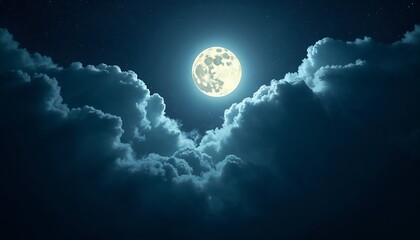 A bright, full moon glowing in a starry night sky with dark clouds drifting across it