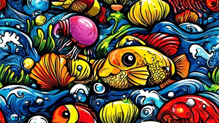 A vibrant ocean wonders doodle pattern featuring colorful fish, shells, and sea urchins, with jellyfish and seaweed swaying in the current, surrounded by swirling bubbles and waves,