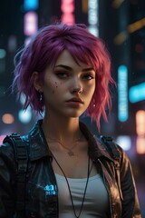 Fototapeta premium Cyberpunk City Dream: Anime Girl with Neon Hair