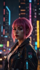 Fototapeta premium Cyberpunk City Dream: Anime Girl with Neon Hair