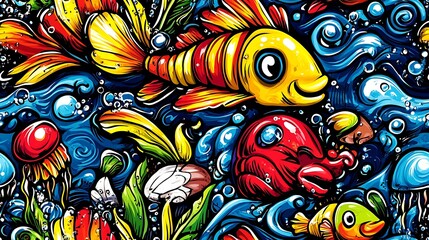 A vibrant ocean wonders doodle pattern featuring colorful fish, shells, and sea urchins, with jellyfish and seaweed swaying in the current, surrounded by swirling bubbles and waves,