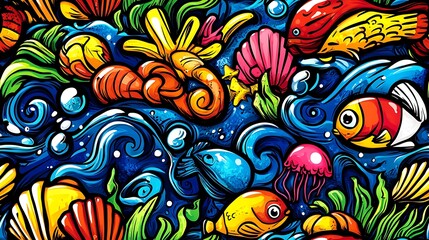 Fototapeta premium A vibrant ocean wonders doodle pattern featuring colorful fish, shells, and sea urchins, with jellyfish and seaweed swaying in the current, surrounded by swirling bubbles and waves,