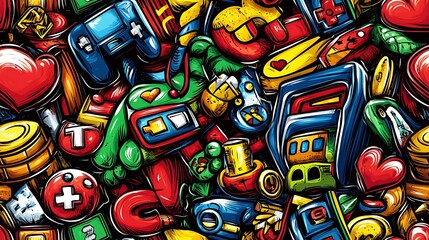 A vibrant retro gamer doodle pattern featuring vintage arcade machines, pixelated characters, and old-school game consoles, surrounded by glowing pixel hearts, game controllers, and coins,
