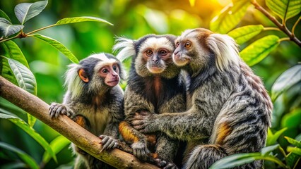 Fototapeta premium Vintage Style Photo of Common Marmoset Mother Caring for Youngsters in Lush Green Tree, Paraty, Brazil