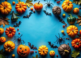 Embrace Halloweenâ€™s charm with a vibrant blue background filled with pumpkins, playful bats, spooky ghosts, and creepy spiders. Join in the festive celebration today!