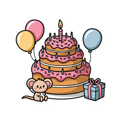 birthday cake with candles and balloons isolated vector illustration on white background