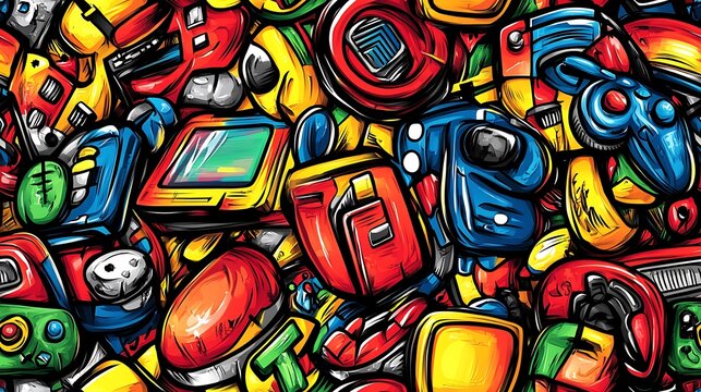 A vibrant retro gamer doodle pattern showcasing game controllers, arcade joysticks, pixel art characters, and CRT screens, with glitch effects and neon pixels,