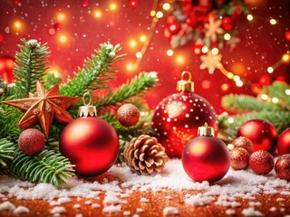Obraz premium Embrace the festive season with a stunning red background filled with delightful decorations and whimsical snowflakes, wishing you a Merry Christmas and a spectacular New Year!