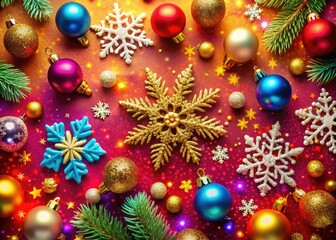 Embrace the holiday spirit with a cheerful Christmas and New Year background, filled with sparkling snowflakes, festive ornaments, and delightful decorations evoking warmth and happiness.