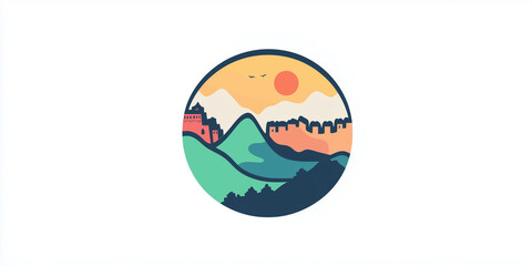 China. vector illustration of China, mountains. white flat background. landscape. environmental friendly. sun over a mountain, sky, colorful image. representation icon logo.. Asia. Great Wall