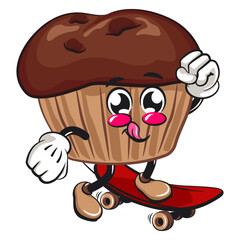 kawaii cartoon chocolate muffin with chocolate chip character mascot isolated vector illustration playing skateboardin, work of hand drawn