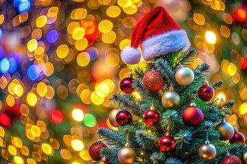 Obraz premium Embrace the spirit of the season with vibrant art of a merry tree wearing a Santa hat, making your holiday decor truly enchanting and joyful.