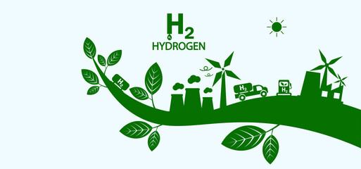 Concept of hydrogen or hydrogen H2 as a fuel energy leading to renewable energy in the world. Vector illustration.