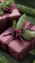 Wrapped gifts featuring burgundy ribbons and adorned with greenery and red berries create a festive atmosphere perfect for the holiday season