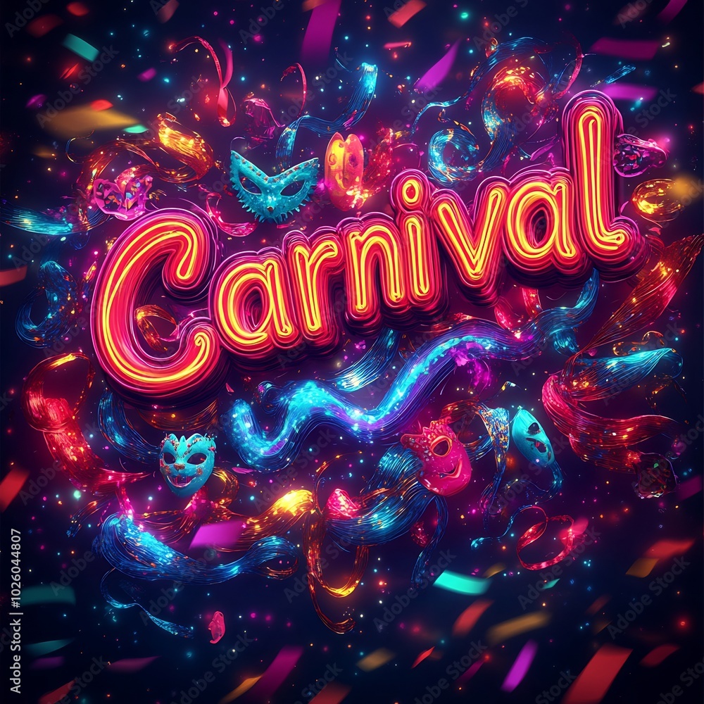 Poster neoncolored carnival text bold fonts accompanied by vibrant masks confetti and swirling ribbons with