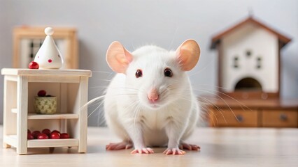 Obraz premium White Dumbo Rat with Red Eyes in Dollhouse Furniture - Laboratory Rodent Photography
