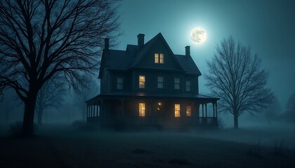 A dark, eerie haunted house with glowing windows under a full moon, surrounded by fog and leafless trees