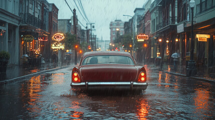 Fototapeta premium Classic red car driving through rainy streets in a vibrant urban setting at dusk