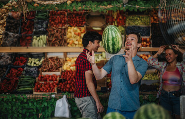 Obraz premium A group of friends enjoy shopping for fresh fruits and vegetables at a lively outdoor market. They engage in playful interactions, embracing a vibrant atmosphere filled with colorful produce.