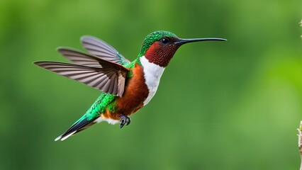 Fototapeta premium A vibrant hummingbird in mid-flight showcasing its colorful plumage against a blurred background.