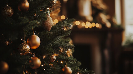 A beautifully decorated Christmas tree with golden ornaments and warm lights on Christmas Eve