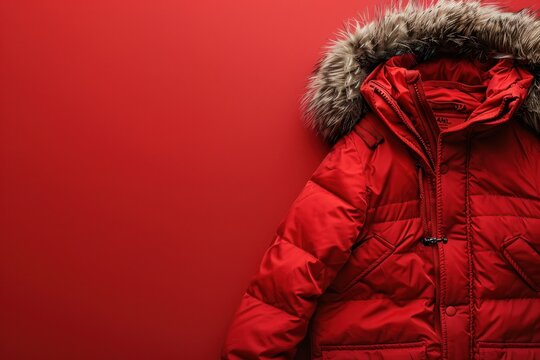 Red winter parka with fur-lined hood displayed on a bright red background